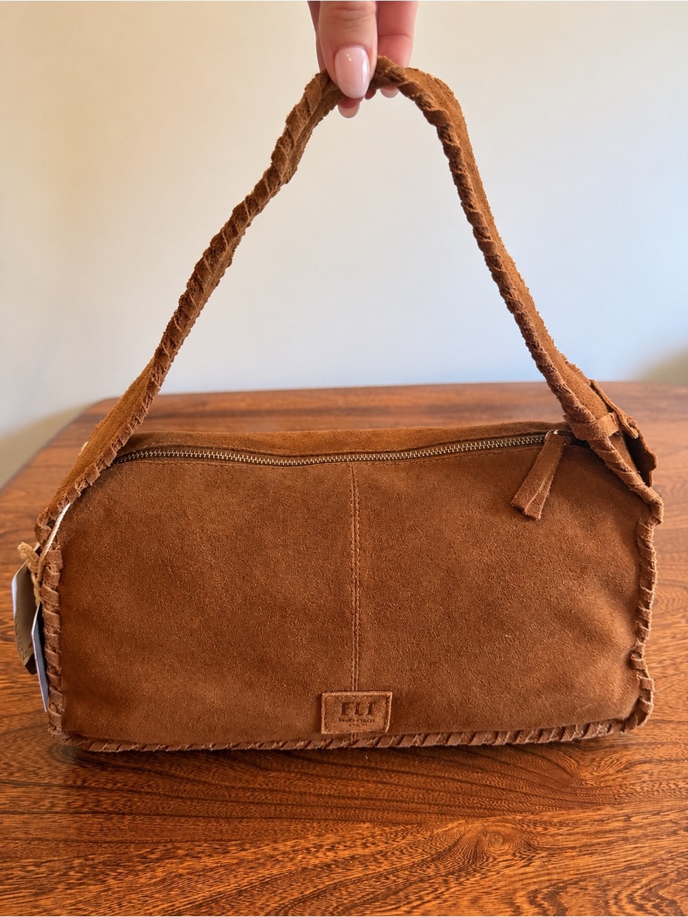 Haute Hippie, Chestnut Suede Braided Twist Trim Shoulder Bag